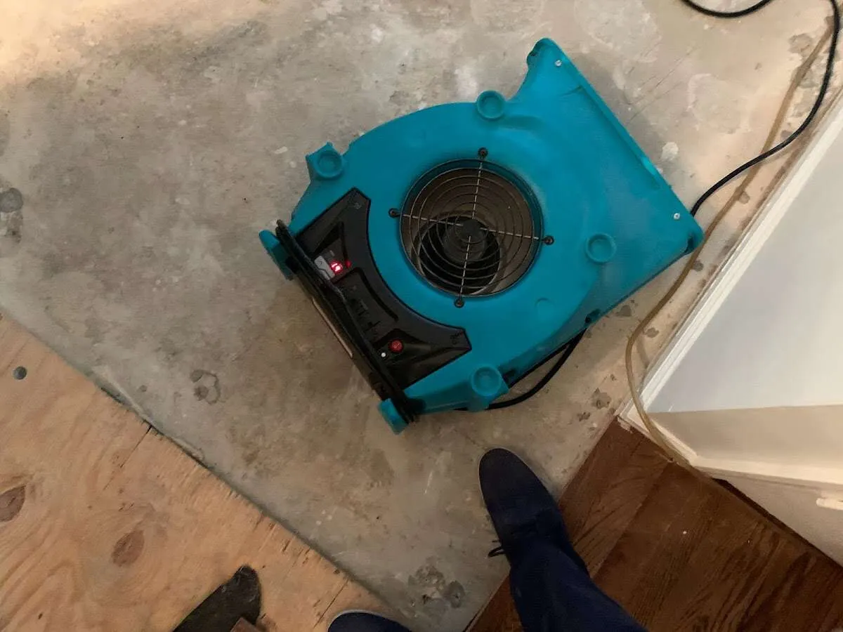 Air mover drying subfloor during Commercial Water Damage Restoration in White Oak